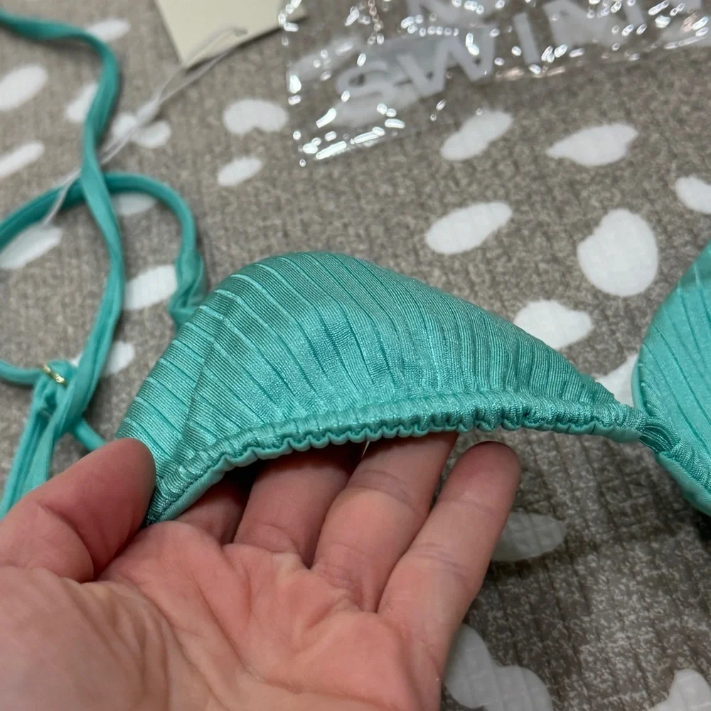 NWT Monday Swimwear bikini top Kauai turquoise wide rib open back triangle